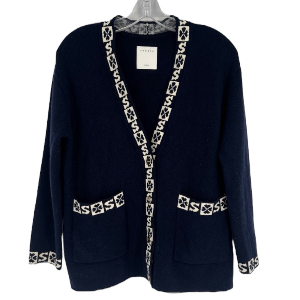 Sandro Logo Trim Designer Wool Blend Navy Blue Classic V Neck Cardigan Sweater 0